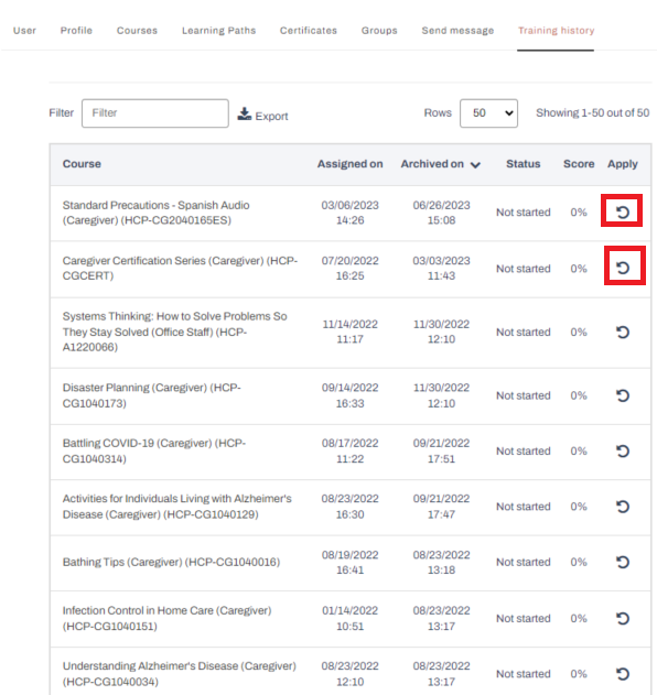 View a history of assignments that have been unenrolled